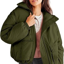 Meikulo Womens Army Green Cropped Puffer Jacket Warm Long Sleeve Zip Up - £18.83 GBP
