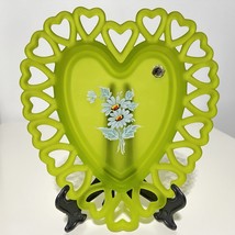 Vintage Westmoreland Heart Shaped Green Satin Glass Dish Hand Painted Fl... - $18.00