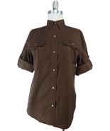 Lauren Ralph Lauren Roll Up 3/4 Sleeve 100% Cotton Button Front Brown Sh... - $34.12 CAD