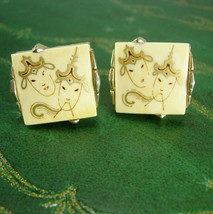 Chinese Cuff links theater masks 18kt gold handpainted female dancers gold mens  - £115.90 GBP