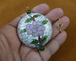 J518-2 White pink flower 42mm round flat CLOISONNE disk 3D pendant 24&quot; n... - $30.99