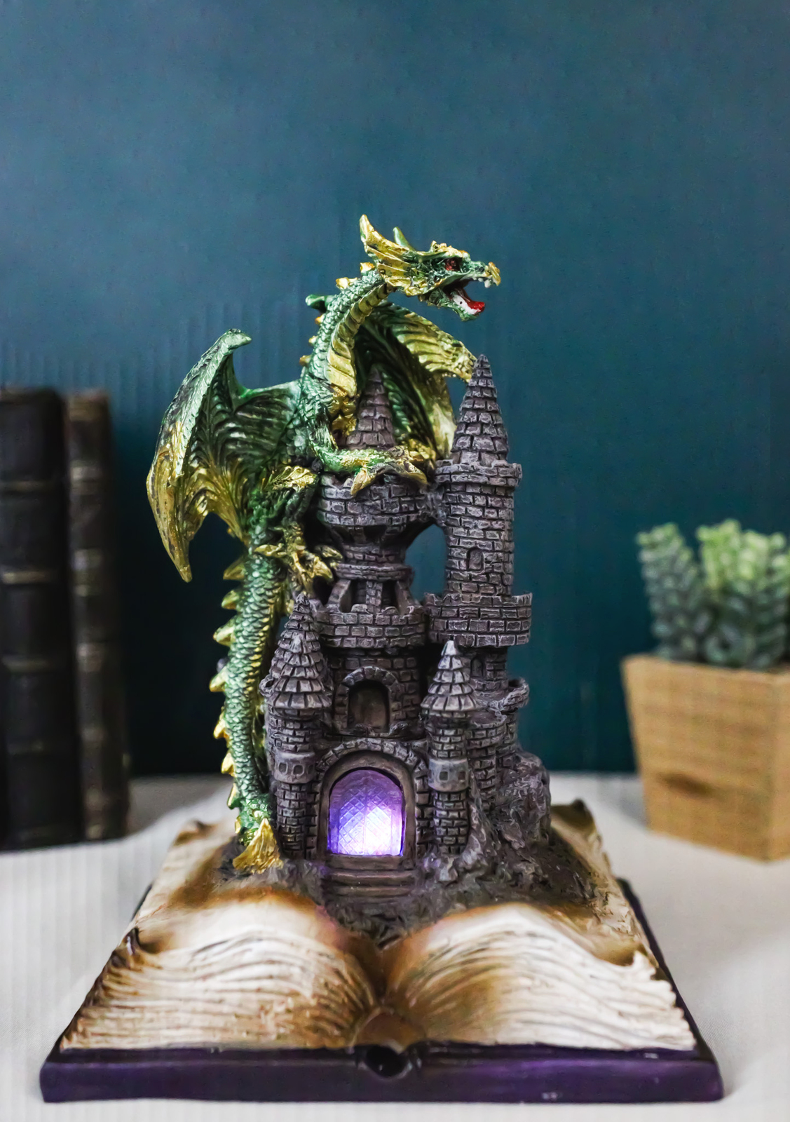 Medieval Green Dragon Perching On LED Castle With Book of Spells Figurine Item image 9