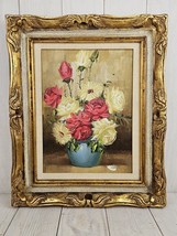 Antique Oil Painting Pink Yellow Roses Vase Gold Gesso Frame 22&quot; Signed Gordon - £108.39 GBP
