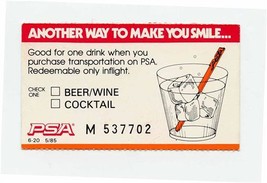 Another Way To Make You Smile PSA Drink Coupon 1985 Pacific Southwest Airlines - £14.24 GBP
