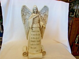 White Cast Resin Christmas Angel, Wings Spread Luke 2:11 Quote 12.5&quot; Tall - $70.00