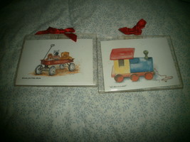 2 Christmas Ornament , Plastic Frame  Red Wagon and Toys Print , Toy Tra... - $5.00