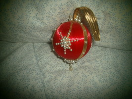 Red Satin Christmas Ornament , Gold Ribbon , Pearl Beads - £3.90 GBP