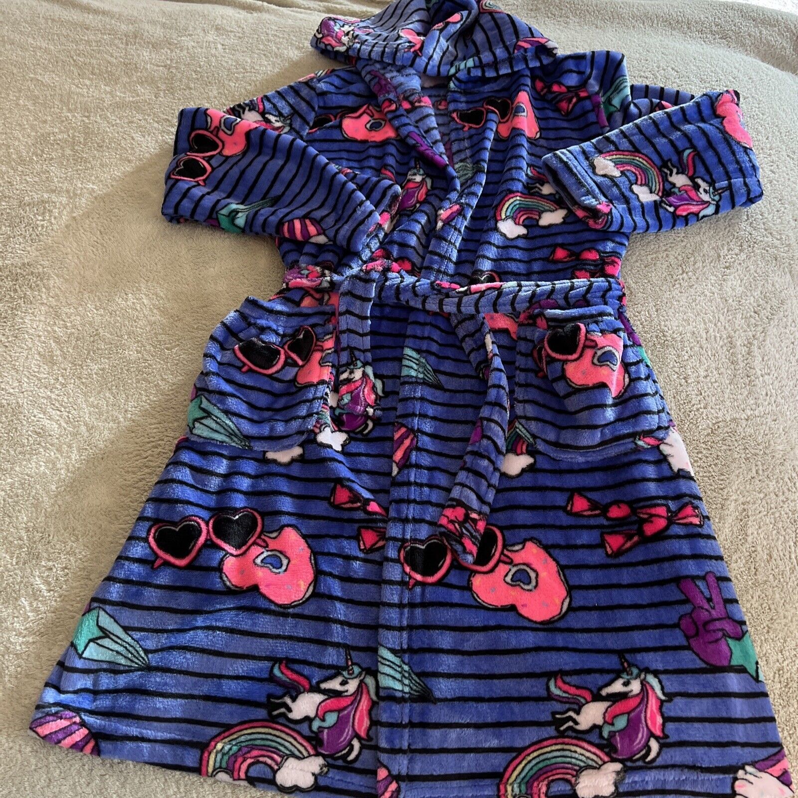 Total Girl Girls Blue Black Striped Pink Heart Sunglasses Rainbow Fleece Robe 14 - $17.15