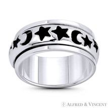 Waxing Crescent Moon &amp; Star Lunar Charm Men&#39;s .925 Sterling Silver Spinning Ring - £27.90 GBP+