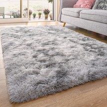 Qxkaka Soft Shaggy Fuzzy Carpet For Bedroom, Tie Dye Grey Furry Rug Modern Home - £36.05 GBP