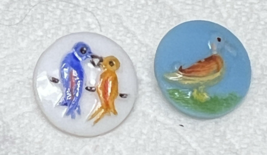 2 Vintage Milk Glass Buttons 1 w 2 Birds 1 w Yellow Duck Bird 5/8 inch - $9.41