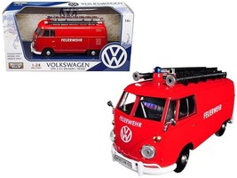 Volkswagen Type 2 (T1) Fire Van &quot;Feuerwehr&quot; Red 1/24 Diecast Model Car by Motor - £35.91 GBP