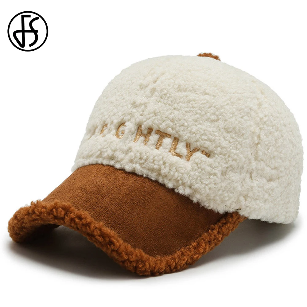 FS 2024 Brown White Lambswool Winter Baseball Cap For Men Stylish Plush Wool - £12.74 GBP+