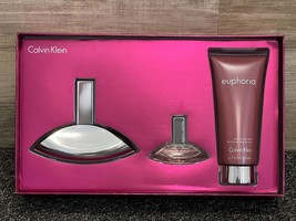 EUPHORIA by Calvin Klein 3.4oz &amp; 0.5oz Perfume Spray + Body Lotion 3 pc Gift Set - £75.91 GBP