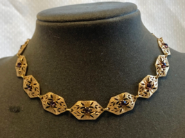 Antique Gold Filled Necklace 13.25&quot; Panel Choker Purple Stone Fashion Jewelry - £144.62 GBP