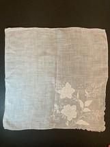 Vintage Rolled Edge  Flower Appliqué 13.5” HANKY Hankie Handkerchief - $12.86