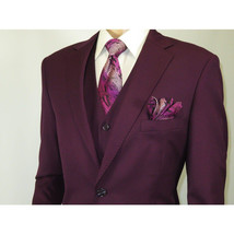 Men BERRAGAMO 3pc Suit Vested Plain front Pants Side Vents Formal A6732 Burgundy image 6