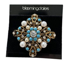 Byzantine Style Power Brooch Turquoise Pearl &amp; Cubic Zirconia Bloomingdale&#39;s - £7.60 GBP