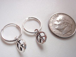 Dangling Peace Sign on Hoop Earrings 925 Sterling Silver - £13.58 GBP