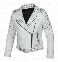 New Woman&#39; Full White Silver Spiked Studded Punk Brando Style Leather Jacket-915 - £258.89 GBP
