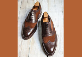 Maroon Brown Superior Leather Men Stylish Wing Tip Handmade Oxford Lace Up Shoes - £120.63 GBP+