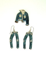 Vtg 80s Metal Brooch pin and dangle earrings Jeans and jacket Fonz rocke... - £23.60 GBP