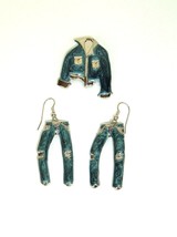 Vtg 80s Metal Brooch pin and dangle earrings Jeans and jacket Fonz rocke... - £22.34 GBP