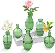 Green Glass Bud Vases Set Of 6, Small Vases For Flowers, Mini, Housewarming Gift - £26.86 GBP