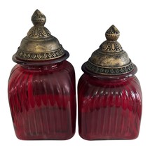 Pair of Ruby Red Glass Apothecary Jars with Ornate Bronze-Style Lids - $662.67 MXN
