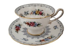 Shelley &quot;Crochet&quot; Gray Lace Rose Floral Pedestal Cup &amp; Saucer Vintage Teacup - £24.62 GBP