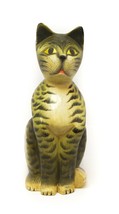 Vintage Wood Hand Carved Sitting Big Eyes Cat Figurine Decor 12.5” tall - £23.66 GBP
