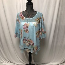 Relativity Blouse Womens Size Large Lined Floral Blue Sheer Flutter Slee... - $18.61