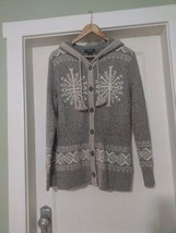 Women&#39;s EDDIE BAUER Gray White Wool Blend Cardigan Hooded Sweater Size XL - £21.23 GBP