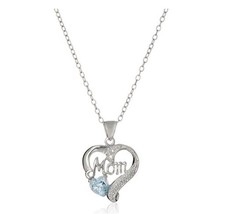 Sterling Silver Mom Heart Pendant Necklace Gift With Diamond Stone Mother&#39;s Day - £47.95 GBP