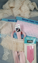 Sewing Notions Lot Lace Zipper Bias VTG Crochet Carded Baby Pink White Crafts - £9.54 GBP