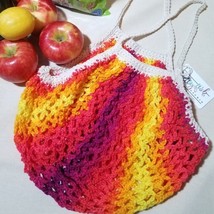 Handmade Market Bag Crochet Knit Pink Orange French Net Sack Cotton Grocery - £43.08 GBP