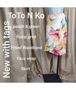 New To To N Ko Peach &amp; Green Floral Print Faux Wrap Skirt Size 12 - £18.09 GBP