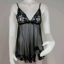 Fredericks of Hollywood Nightie Lingerie Small Black Sheer Lace Top Baby... - $12.46