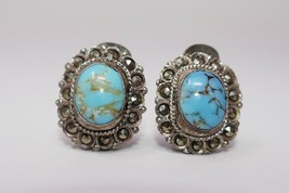 Sterling Silver Turquoise &amp; Marcasite Clip On Earrings - £48.06 GBP