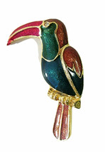 Vtg Enamel Toucan Tropical Bird Brooch Pin Gold Bold Metallic Colored Parrot - £12.78 GBP