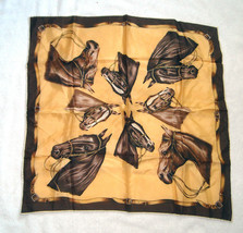 Horses Ponies Scarf 22.5&quot; x 22.5&quot; Acetate Brown Hand Rolled Made in Japan - $18.76