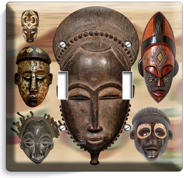 AFRICAN ANCIENT WARRIOR TRIBE MASK 2 GANG LIGHT SWITCH WALL PLATE ROOM ART DECOR