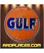 Vintage style Round Man Cave Garage GULF OIL GAS Aluminum Metal Sign 11.75&quot; - £15.55 GBP
