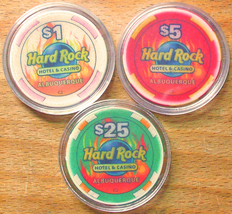 (3) HARD ROCK CASINO CHIPS - Sample Set - ALBUQUERQUE, NEW MEXICO $1 $5 $25 - £15.69 GBP