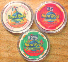(3) HARD ROCK CASINO CHIPS - Sample Set - ALBUQUERQUE, NEW MEXICO $1 $5 $25 - $32.78 CAD