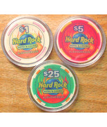 (3) HARD ROCK CASINO CHIPS - Sample Set - ALBUQUERQUE, NEW MEXICO $1 $5 $25 - $322.71 MXN
