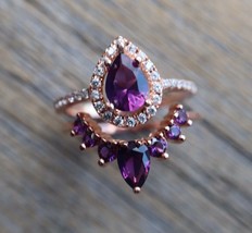 3.20Ct Pear Cut CZ Amethyst Bridal Set Engagement Ring 14K Rose Gold Plated 925 - £114.25 GBP