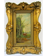 Antique Landscape with Deer Oil Painting in Carved Wood Gold Gilded Frame - €340,32 EUR