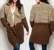 Chunky Oversized Knit Color Block Cardigan Fringe NWT Brown Tan Open Fro... - $22.77