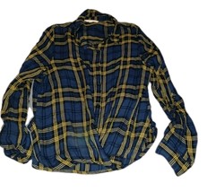Love Tree Blue and Yellow Cropped Front Plaid Button Down Shirt Size Large - $15.00
